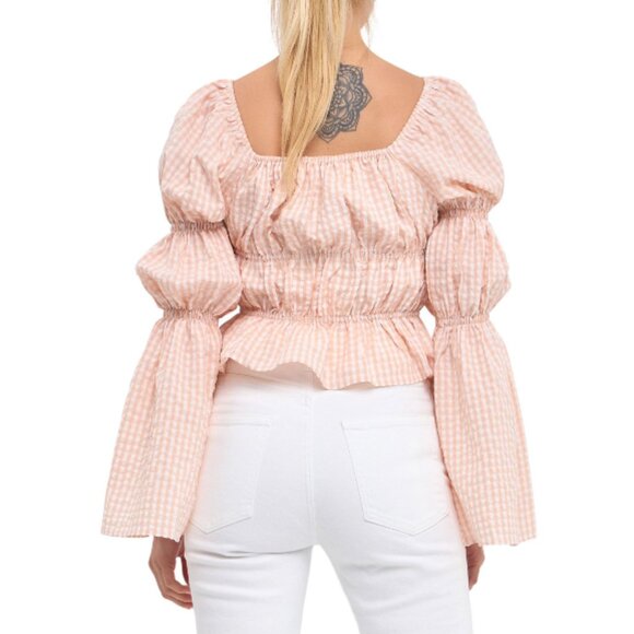 ENGLISH FACTORY Tie Detailed Gingham Shirring Top Long Sleeves Blush Pink Size L - Picture 3 of 10